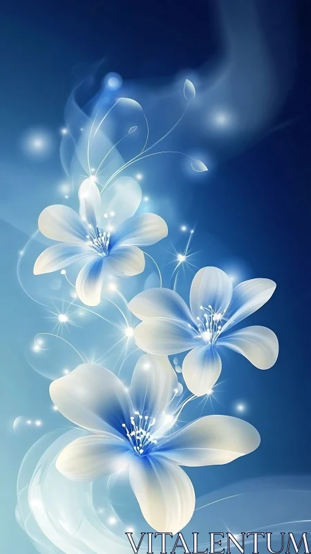 Luminescent floral composition with blue gradient background and particle effects