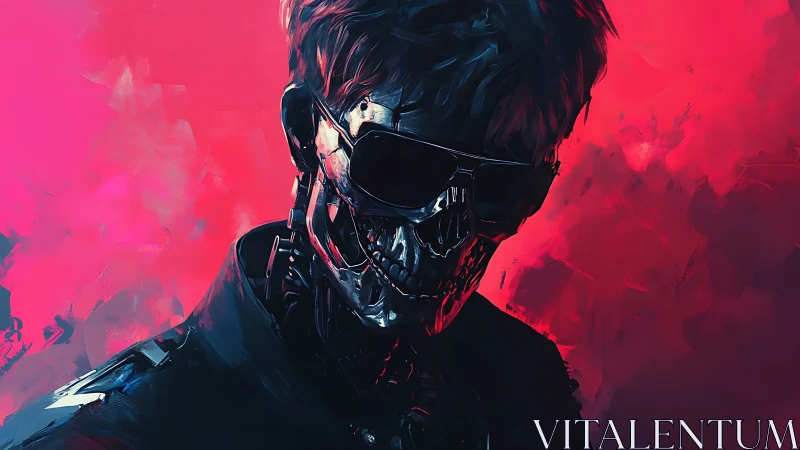 Cybernetic skull portrait under neon pink backlight.