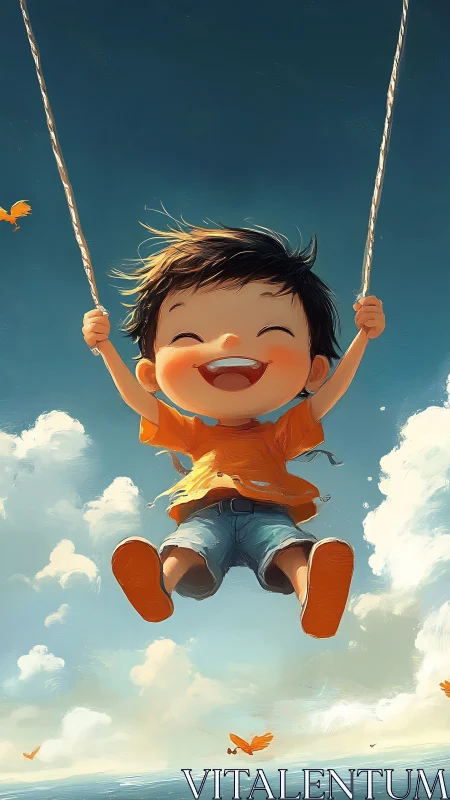 Joyful child on swing in stylized skyward digital painting