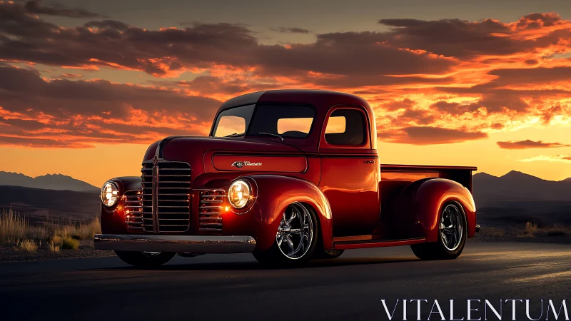 Sunset cruise with a glossy vintage red pickup truck.