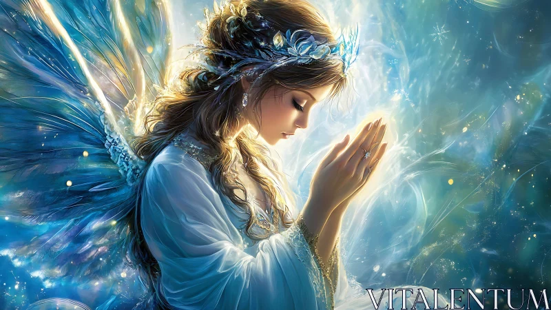 Serene blue-winged angel in soft glowing light.