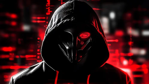 Hooded masked figure is centered against red digital backdrop
