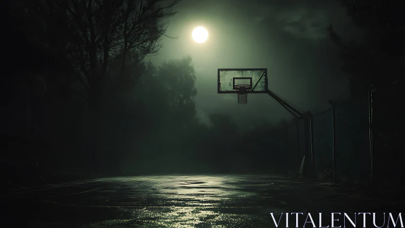 Moonlit outdoor basketball hoop rendered in moody photorealism