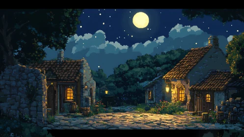 Moonlit pixel village square glows with warm cottage light