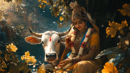 Devotional woman with cow in ornate floral landscape.