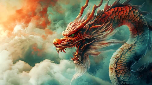 Fiery red dragon head emerging through stormy clouds.