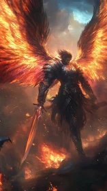 Flaming-winged armored angel descends through molten skies.