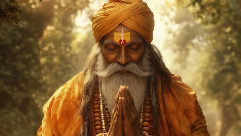 Elderly sage in orange robe stands in prayerful namaste pose