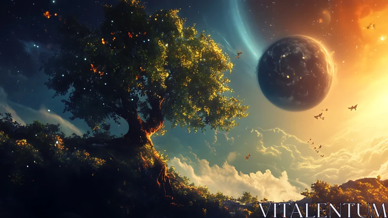 Planetary sky over illuminated tree on elevated landscape.