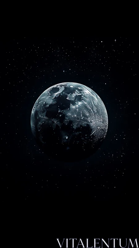 Lunar sphere in deep space with high contrast illumination.