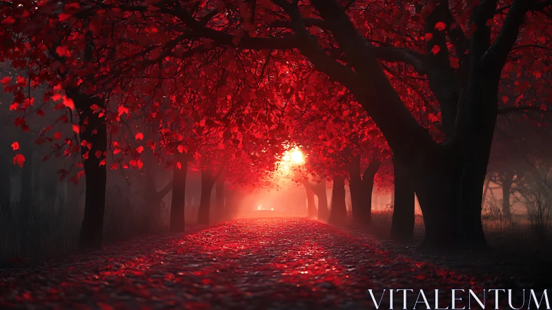 Scarlet forest path glows softly beneath a fading autumn sun