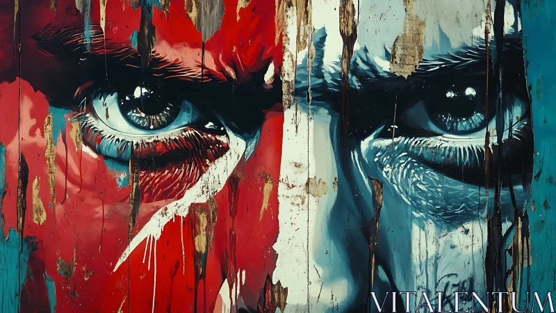 Bold painted eyes staring through peeling color and time.