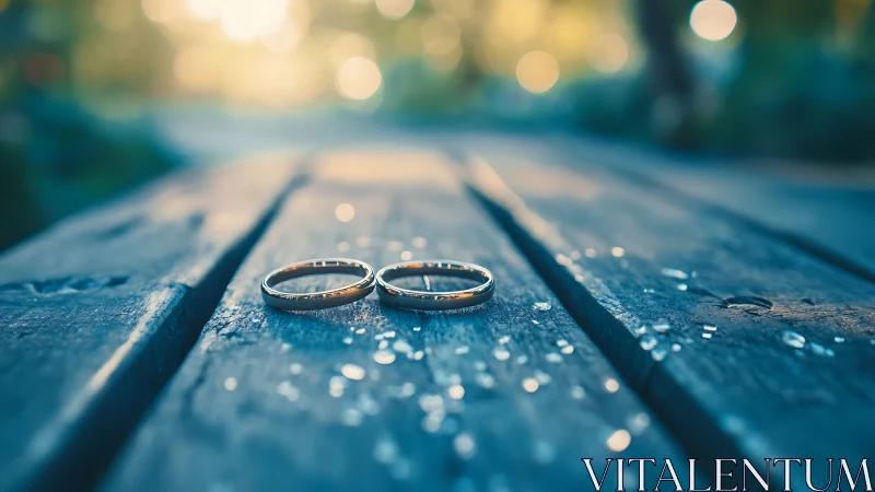 Two gold rings rest on wet wooden planks outdoors