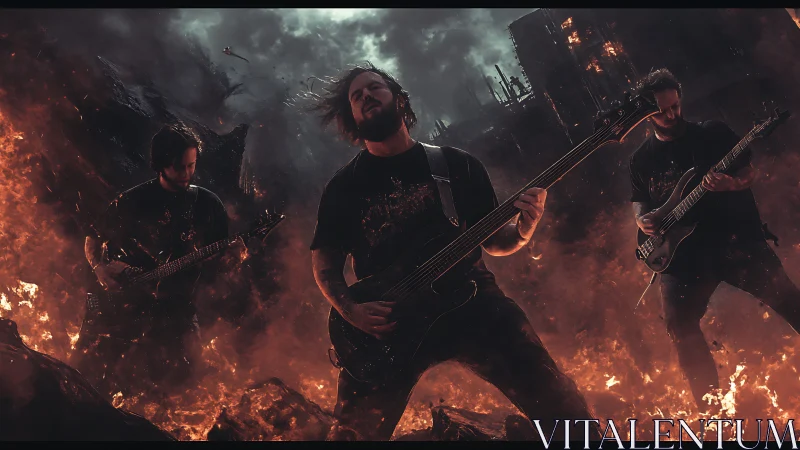 Three guitarists perform amid digitally rendered fire and ruins