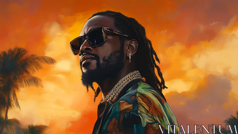 Sunset swagger king under molten tropical skies.