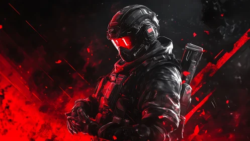 Armored futuristic soldier with red visor in motion blur.