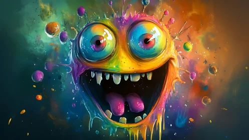 Neon paint splash monster bursts from dark cosmic void.