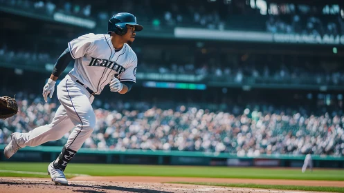 Baseball player running from batter’s box during live game.