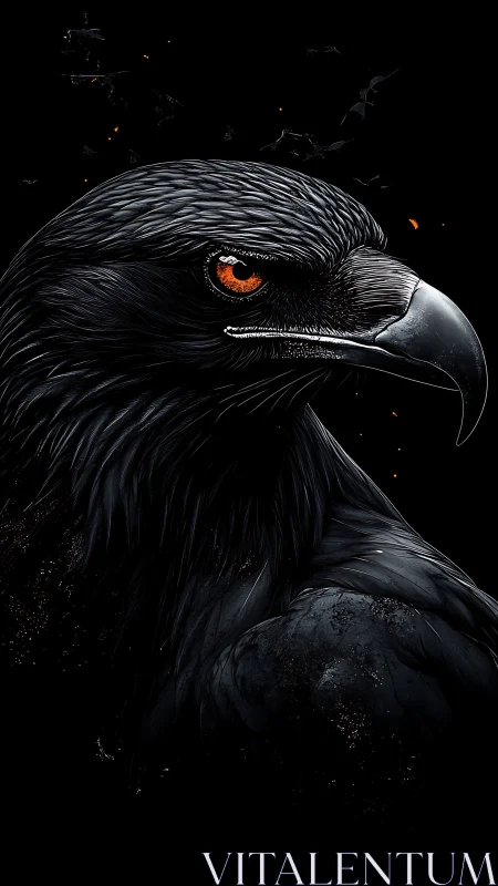 Raven portrait glows with fiery orange eye on black night.