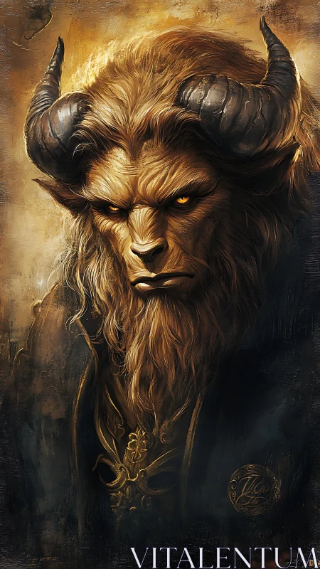 Horned leonine warlord portrait with chiaroscuro rendering.