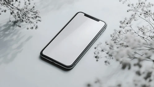 Smartphone lies on reflective surface beside out-of-focus plants