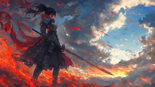 Sword-bearing dusk sentinel carves calm through stormfire skies