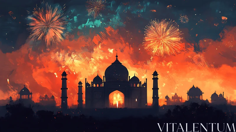 Taj Mahal silhouette under bright fireworks display.