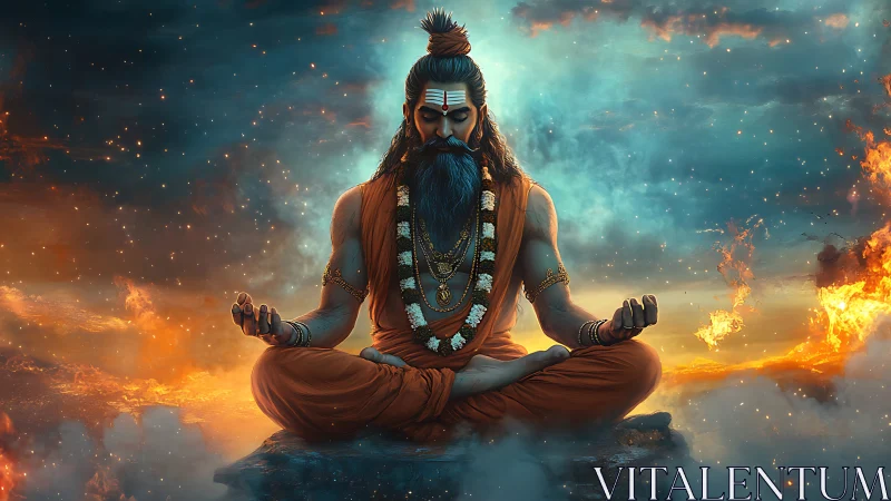 Ascetic yogi levitates in cross‑legged pose amid fiery nebula