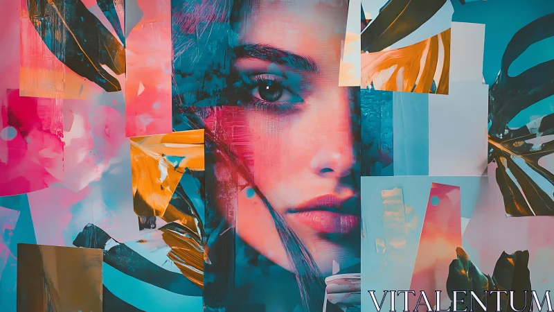 Layered chromatic portrait with fragmented botanical overlays.
