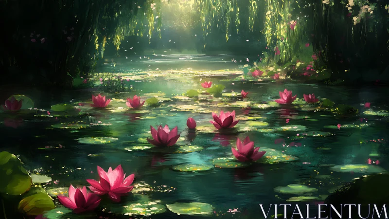 Sunlit lily pond glows beneath cascading greenery and mist