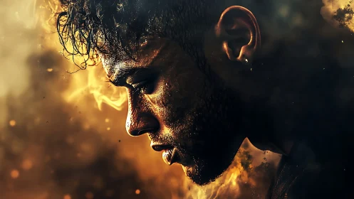 Smoldering profile of determined man in molten lightscape.