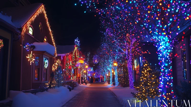 Snowy village lane glowing with colorful holiday lights.