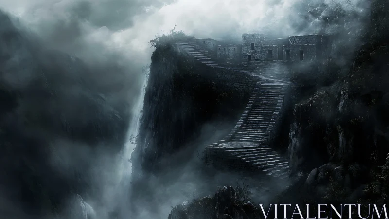 Misty mountain stairway leading toward forgotten stone ruins.