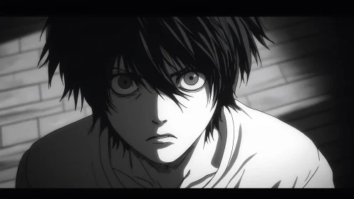 Monochrome anime close up of intense wide eyed character gaze