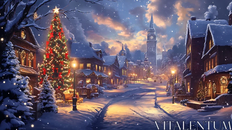 Snow covered town street shows illuminated seasonal lighting