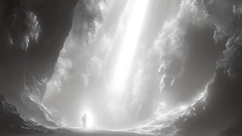 Solitary explorer walks toward a radiant beam of otherworldly light