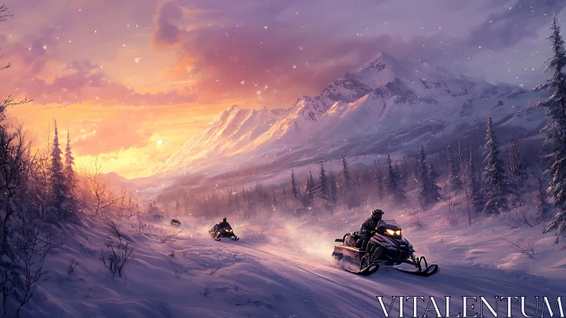 Snowmobiles chase the sunrise across violet alpine powder.