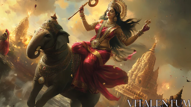 Divine goddess riding elephant amid blazing temple city.