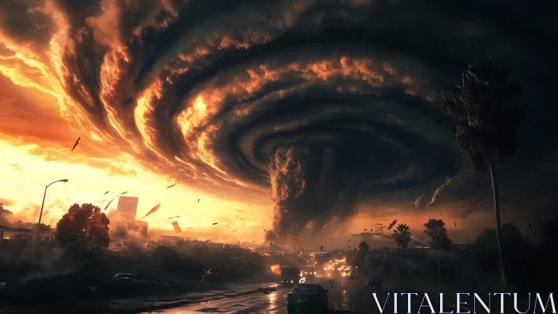Apocalyptic supercell vortex engulfs a city at sunset