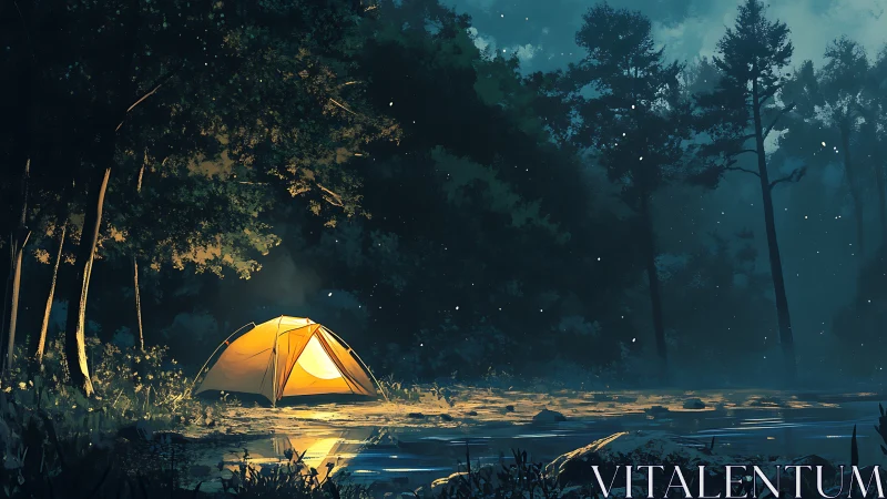 Illuminated tent positioned adjacent to forested water body at night.