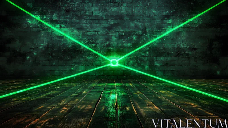 Futuristic Green Laser Beams in Dark Industrial Room Scene.