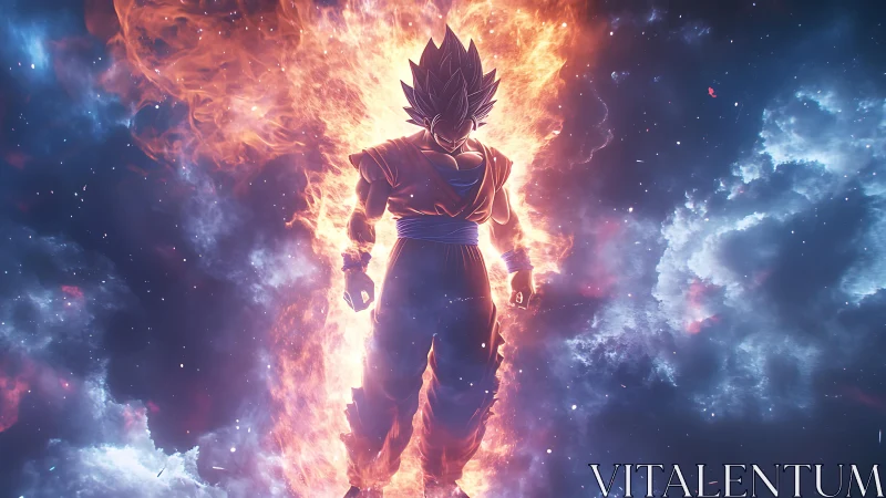Saiyan warrior silhouette engulfed in cosmic fire aura.