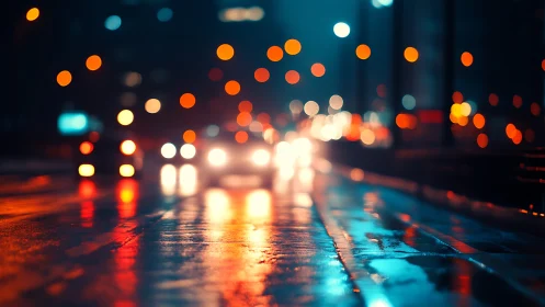 Night traffic bokeh on wet urban roadway with vivid reflections.
