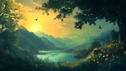 Sunlit valley river cradled by whispering emerald hills.