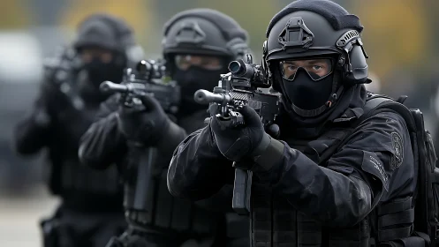 Armed tactical police unit advancing with rifles drawn.