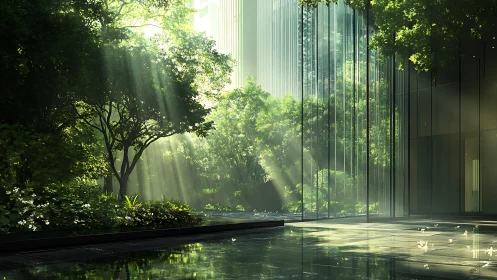 Sunlit garden courtyard gently blends nature with glass