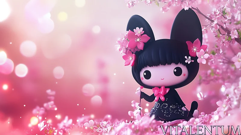 Blossom-kissed kitty doll wandering through pastel spring.