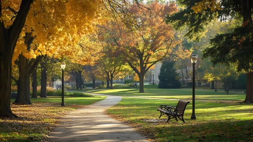 Golden autumn park path invites a quiet, peaceful stroll