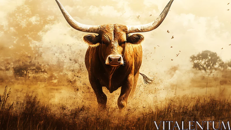 Longhorn bull charging through dusty golden grassland.
