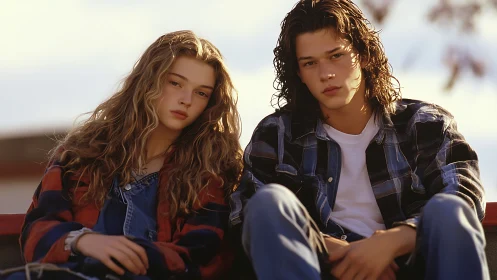 Teenagers sitting outdoors in casual plaid shirts. Period.
